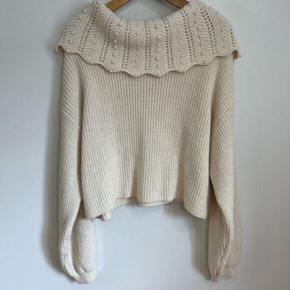Zara Womens Large Beaded Embellished Collar Pullover Sweater Ecru Cream Twee Tie - Picture 5 of 10